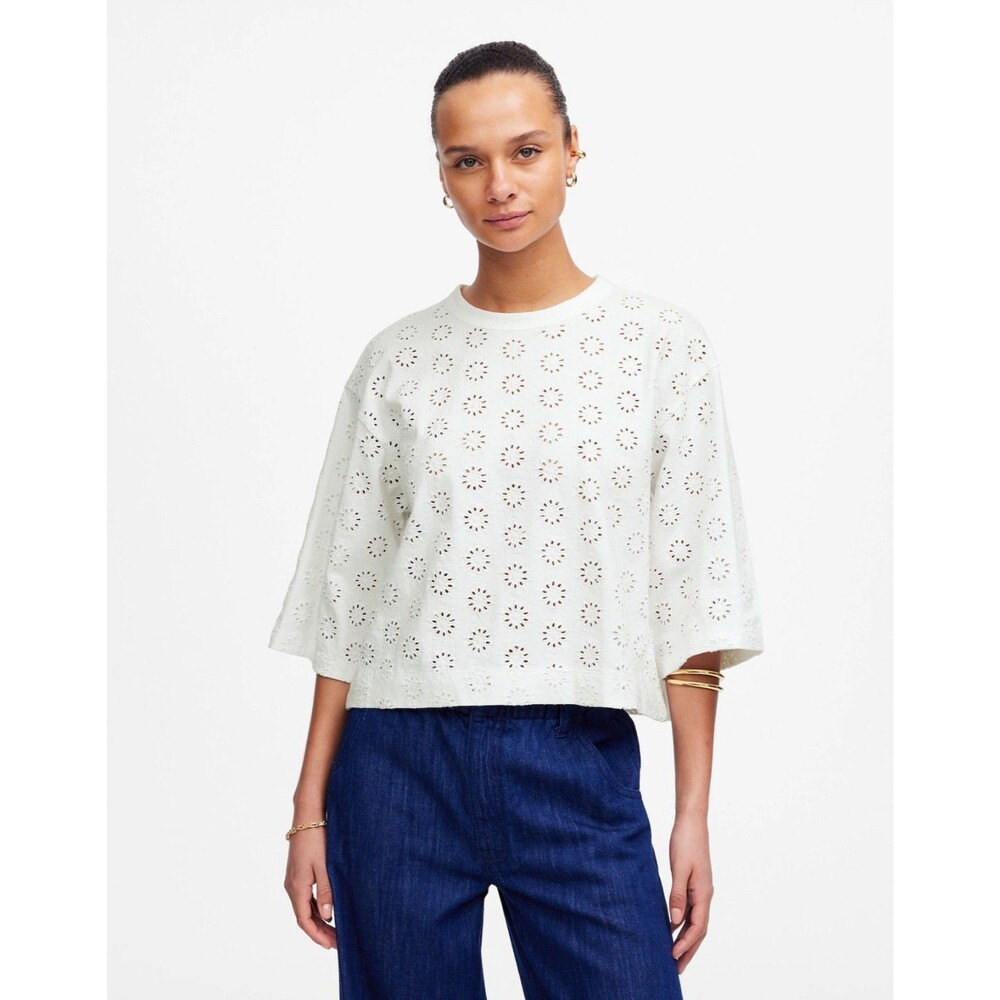 MADEWELL Embroidered Wide-Sleeve Boxy Tee XL White Crewneck Floral NWT A2